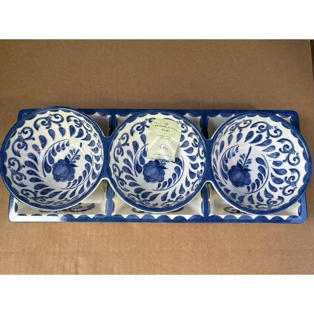 Artisan De Luxe Set Of 2 Melamine Blue Rose Scroll 3-Section Serving Trays NEW
